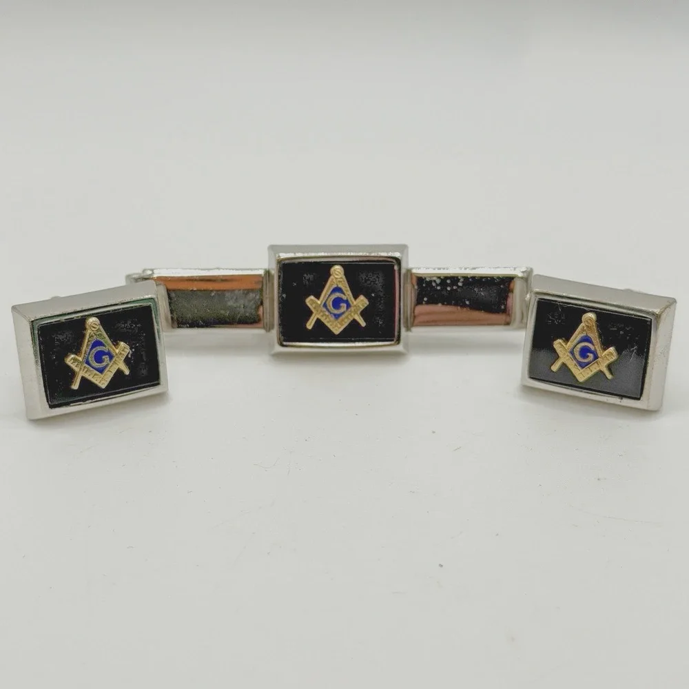 Vintage Freemason Masonic Tie Clip Bar & Cufflink Set 3 Piece Anson Silver Tone